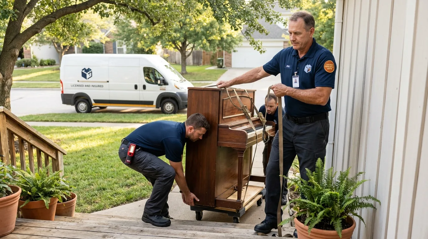 Licensed piano movers securing grand piano in Martinsville, NJ