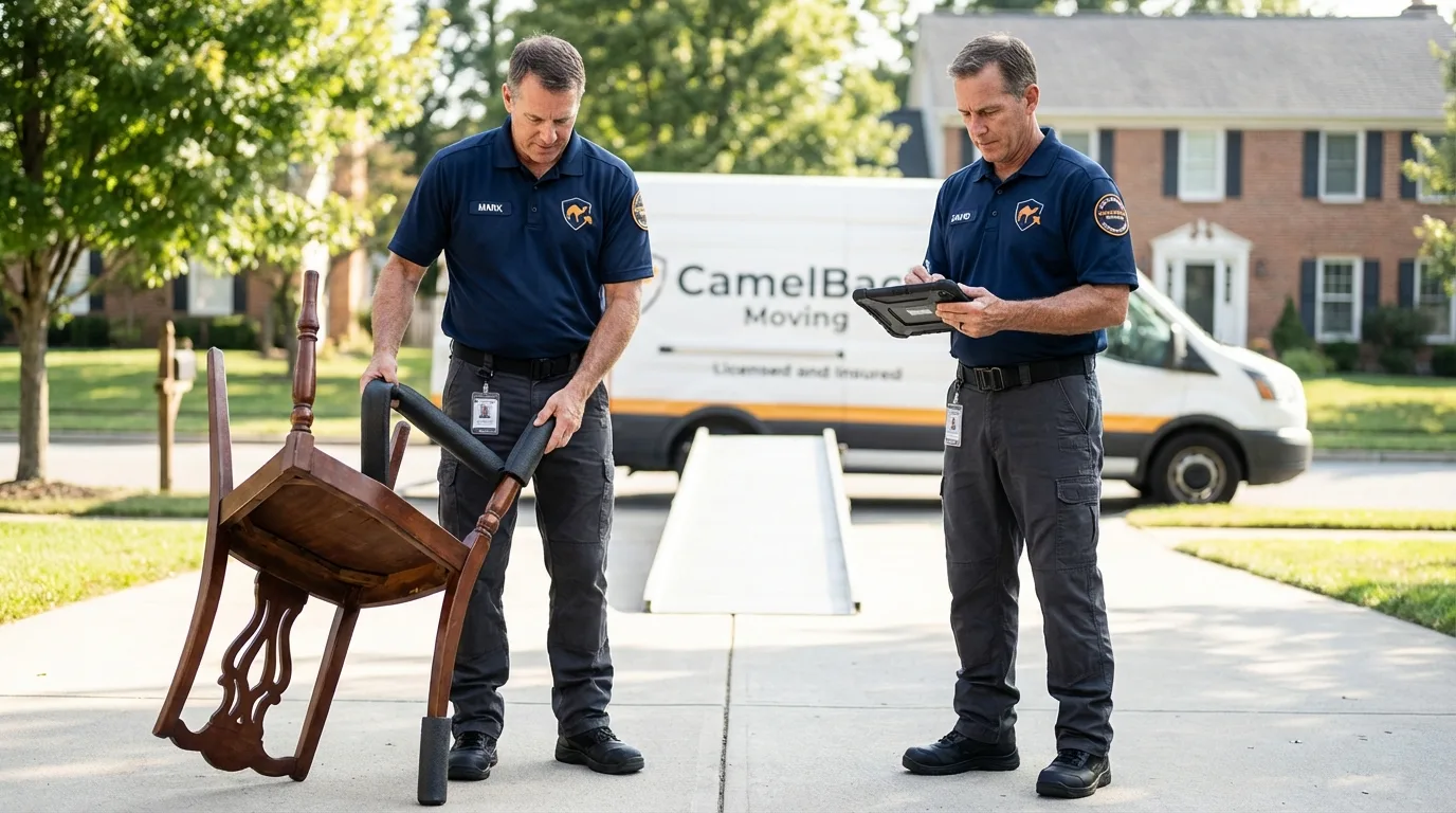 Movers inspecting furniture for damage prevention before loading in Martinsville, NJ