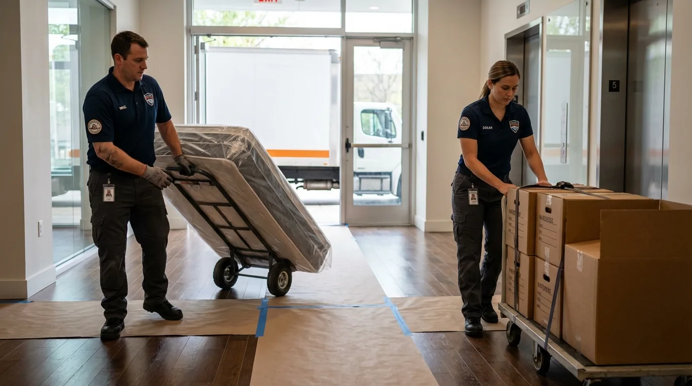 Professional apartment movers loading elevator in Martinsville, NJ
