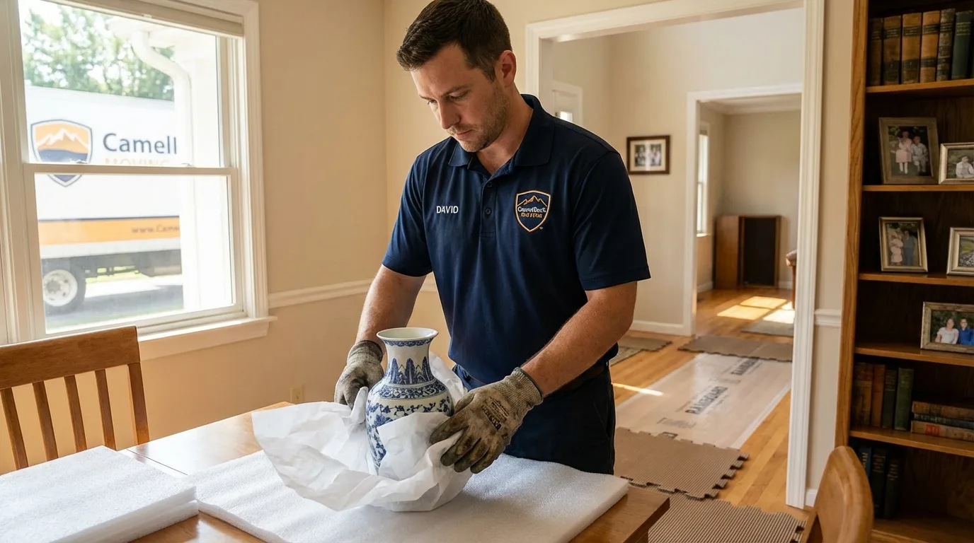 Professional crew carefully wrapping antique vase for senior downsizing move in Martinsville, NJ